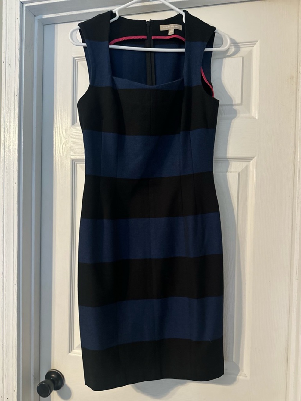 Banana Republic Black and Navy Striped Midi Sheath Dress